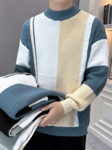 ROMON | Lormen Mens Mid-High Collar Thickened Casual Sweater Winter Fashion Color Block Warm Knitted Inner Wear Urban Style Long Sleeve