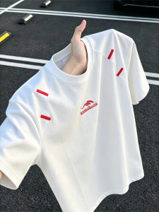 OUMULONG | White Letter Embroidery Cleanfit Weighted Regular Shoulder American Small Collar T-shirt