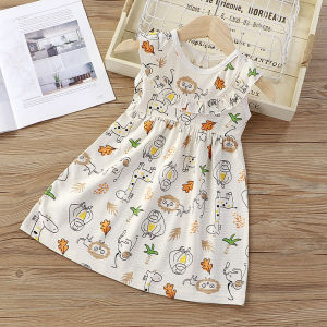Pure Cotton Summer Thin Dress Baby Girls Dress Childrens Princess Skirt A-Line Short Sleeve Style Cartoon Pattern