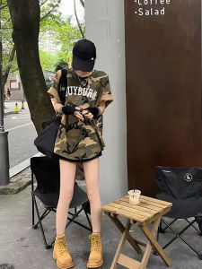 American Camouflage Hip Hop Letter Print Short-Sleeve Army Green T-shirt Womens Summer Loose Side Slit Mid Length Long Length Tops