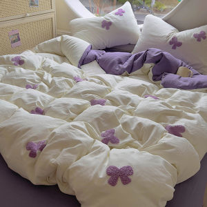susan | Korean Purple Bow Bedding Set 4-Pieces Washed Cotton
