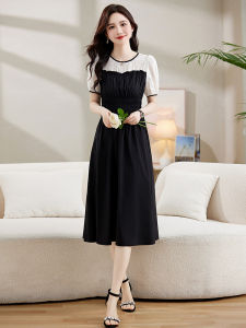 Elegant Slimming Midi Dress Womens Summer New Style Patchwork Bubble Sleeve High Waist A-Line Dress Casual Fashion Dress
