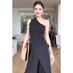 YUEZHONGWEI | เสื้อกั๊กไหมน้ำแข็งสีขาวแบบไม่สมมาตรสำหรับผู้หญิงในฤดูร้อน ทรงเข้ารูป เสื้อเปิดไหล่สุดเซ็กซี่ เสื้อคลุมกันหนาวแบบสวมหัว