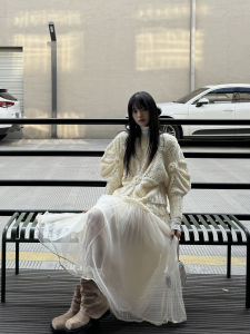 DDGirl Wool Blend Handmade Knitted Lantern Sleeve Sweater Original Design Sweet Girl Feeling Crochet Flower Winter Womens Top