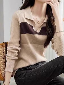 เสื้อสเวตเตอร์ถักลายทางสไตล์ฝรั่งเศสย้อนยุค เสื้อคอปกสีตัดกัน เสื้อเชิ้ตทรงสลิมฟิตสำหรับใส่ไปทำงานในฤดูใบไม้ร่วงและฤดูหนาว