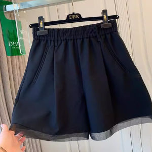 High Waist Wide Leg Suit Pants Black Patch Work Casual Leisure Female Summer New Style LooseFit Short Trousers CommuterWind