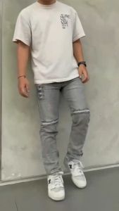 Celana Jeans Panjang Pria Sobek Ripped Grey Sandwash Slimfit Stretch Melar