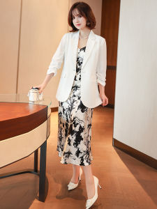 MIUCO plus Size Fashion Set with Acetate Suit Jacket And Printed Strap Dress Two-Piece Set for Young Women Spring 2024