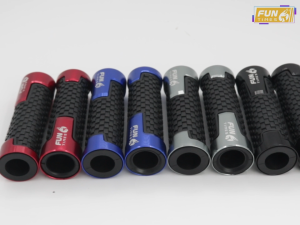 FUN TIMES motorcycle handlebar grips with carbon fiber texture and red gray black blue  Fits handlebars for secure grip. Displayed on motorcycle handlebar.