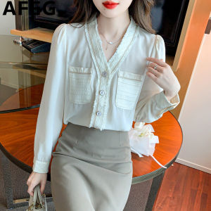 AFEG solid color Korean version V-neck fashion loose temperament chiffon long-sleeved blouse