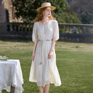 XIANGYING | Linen Vacation Style Pleated Waist Cinching V-Neck Dress