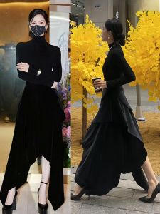 ชุดกระโปรงสั้นทรงเอเอวสูงสีดำ 2 ชิ้น ทรงเข้ารูป ทรงเข้ารูป สำหรับผู้หญิงวัยกลางคน ฤดูใบไม้ร่วง ฤดูหนาว แฟชั่นสตรี