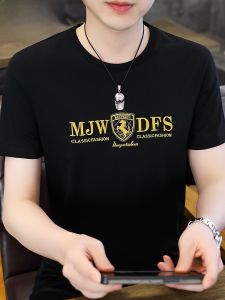 HENGYUANXIANG | Hengyuanxiang Mens Short Sleeve T-Shirt Ice Silk Cotton Round Neck Base Shirt Summer Breathable Modern Style Text Pattern