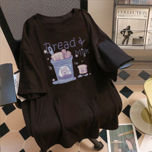 plus Size Womens Pure Cotton Heavyweight Purple Print Short Sleeve T-Shirt Summer Loose Top Korean Style Casual Wear