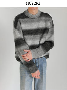 ZPZ Mens Knitted Wool Sweater round Neck Loose Fit Overhead Winter Fashion Striped Casual Long Sleeve Youth Style Knitwear