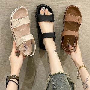 Womens Flat Sandals Summer 2025 New Style Korean Fashion Casual Beach One-Strap Magic Tape Sandals Breathable Lightweight