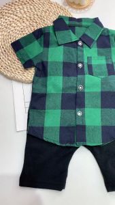 เสื้อผ้าเด็กย็นสุขภาพ เสื้อเชิ้ตแขนสั้นลายสกั่งเด็กผู้ชาย กางเกงลำลองผ้าฝ้าย ชุดลำลองศิลปะสองชิ้น