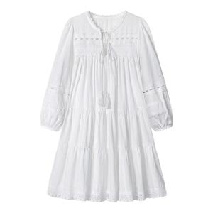 La Chapelle | French-Style Shirt Dress White Puffed Sleeve Lace Hem Cutout