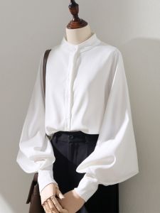 Spring & Fall New Lantern Sleeve White Shirt Womens Long-Sleeved Brushed Tops K-style Light Duty Hong Kong Style Elegant Stand Collar Shirt