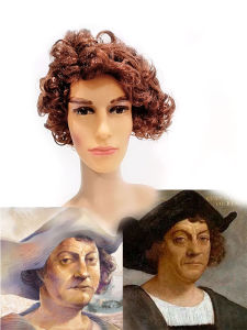 Columbus Navigator Short Curly Brown Fake Hair for Stage Performance Explosion Small Puffy Head Cosplay Wig Fashion Men