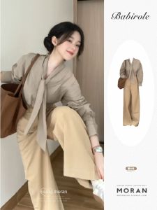 Korean Style Long Sleeve Shirt And Casual Pants Commute Two-Piece Set Elegant Early Autumn Outfit with Sash for Young Women
