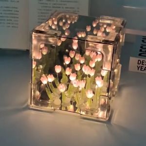 DIY 20pcs Flower Cube Tulip Night LightLed Decorative Nights Lamp for Bedroom Creative Mirror Lamp Material Bag Gift for Girlfriend Photography Props 立方体郁金香镜面灯
