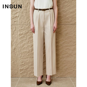INSUN Summer 2025 Womens Tailored Straight Leg Hollow Fabric Capri Pants Checkered Pattern mid Waist Long Trousers