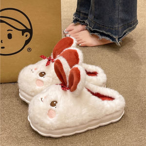 Cute Bows Rabbit Cotton Slippers Female Winter Interior Home Confinement Shoes Stuffed Warm Non-Slip Closed-Toe Slippers