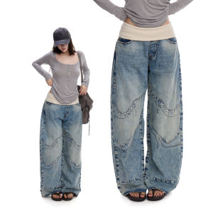 withmin | Flat Tummy Slim Antiqued Jeans with Detailed Waistband Womens Jeans