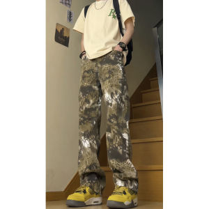 American Retro Camouflage Snake Pattern Mens Jeans Summer High Street Vibe Long Pants Straight Tube Fit Youth Fashion