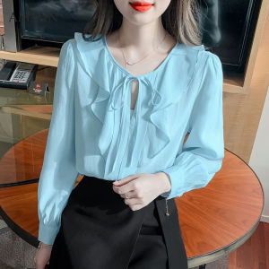 AMMIN เสื้อเบลาส์ผูกโบว์แขนสีทึบยาวเสื้อยืดคอกลมเรียบง่ายสำหรับฤดูร้อนเสื้อเชิ้ตผ้าชีฟองสำหรับเดินทางเสื้อเบลาส์หรูหราขอบแต่งระบายสไตล์ฉบับภาษาเกาหลีสำหรับผู้หญิง