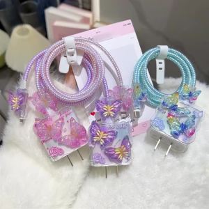 3D Butterfly Pearl Heart Charging Cable Protector Case For iPhone 17 20W 18W Charger Head Data Cable Anti-Bending Wire Organizer