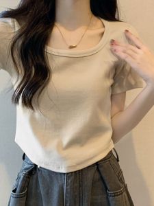 Áo Thun Nữ Tay Ngắn Ôm Vừa Vặn Cổ Vuông Mùa Hè 2025 Thiết Kế Mới Màu Trơn Ôm Sát Hở Xương Vai