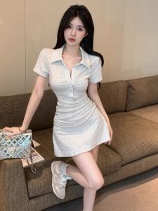GUZILIAN | Summer Polo Collar A-Line Dress Pleated Slim Fit Short Sleeve High Waist Button Detail Korean Style Casual Pure Color Dress