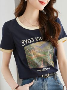 French Style High-end Round Neck Printed Cotton T-shirt