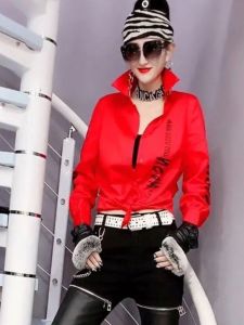 Loose Long Sleeve Womens Shirt Fashionable Printed Korean Style Commute Polyester Cotton Blend Button Detail Straight Cut