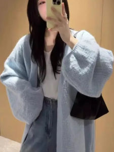 Spring Womens New Knitted Bubble Sleeve Outerwear Lazy Style Loose Slimming V-Neck Commute Fashion Casual Loose Fit Coat