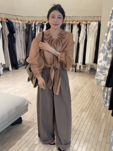 VKSOD | French Collar Long Sleeve Shirt Women Summer Thin Casual Loose Wide Leg Pants Two Piece Set Round Neck Button Up Shirt