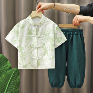 Barababa Boys Traditional Chinese Clothing Set Summer Short Sleeve Seven-Piece Pants Cute Baby Hanfu Ethnic Style Childrens Wear