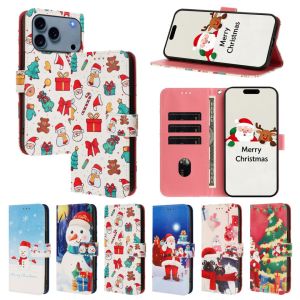 Christmas Pattern Flip Wallet Phone Case For iPhone 18 Pro Max 17 air 16 plus 15 14 Cute Santa Snowman Xmas PU Leather Card Holder Kickstand Cover Shockproof Protective Casing For Women Girls