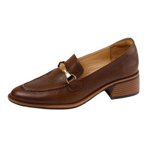 Pointed Toe Leather Loafers Womens Spring Autumn New Style French Vintage Metal Buckle Thick Heel Comfortable Casual Shoes