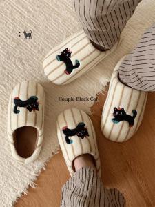 Dép Bông Mềm Mại Thoải Mái Cho Cặp Đôi Đi Trong Nhà Và Ngoài Trời Mùa Thu Đông Cho Nam Và Nữ Họa Tiết Sọc Nhỏ Mèo Đen