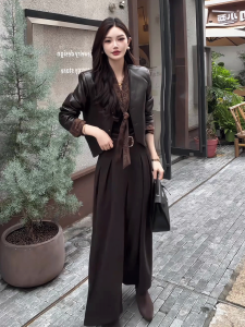 DANTING | Vintage Style PU Leather Jacket and Caramel Wide Leg Pants Set