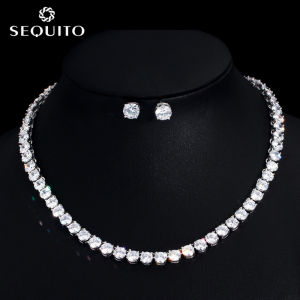 SEQUITO คุณภาพสูง AAAAA Cubic Zircon หิน Sliver Plated Party สร้อยคอรอบต่างหูผู้หญิงสวยจัดเลี้ยงชุดเครื่องประดับสำหรับเจ้าสาว SJ271
