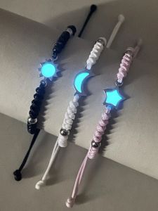 3 Pieces/Set of Stainless Steel Luminous Sun Moon and Stars Steel Ball Accessory Bracelet Hand-Woven Fashion Rope