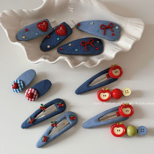 Denim Blue Heart Butterfly Knot Hair Clip Cartoon Apple Hair Clip Side Bangs Hair Accessory Fashionable Korean Style Hairpin