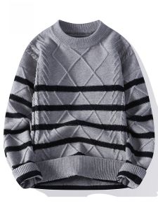 ROMON | Romon Mens Knitted Sweater Thickened Round Neck Casual Loose Fit Winter Warm Striped Long Sleeve Youthful Style Knitwear