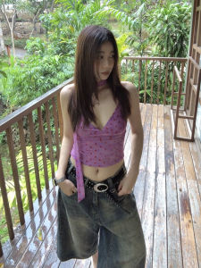 YUEZHONGWEI | Áo Croptop Không Tay MESH Đốm Tím Phong Cách Pháp cho Phụ Nữ