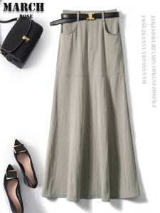 High Waist A-Line Midi Skirt Womens Summer Casual Cotton Feel Slimming Long Skirt March Rose Commute Style Pure Color