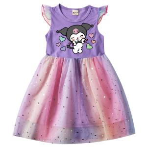 New Kuromi Summer Princess Dress for Girls Cotton Mesh Skirt Short Sleeve Baby Vest Flying Sleeve Thin Net Gown Childrens Clothing